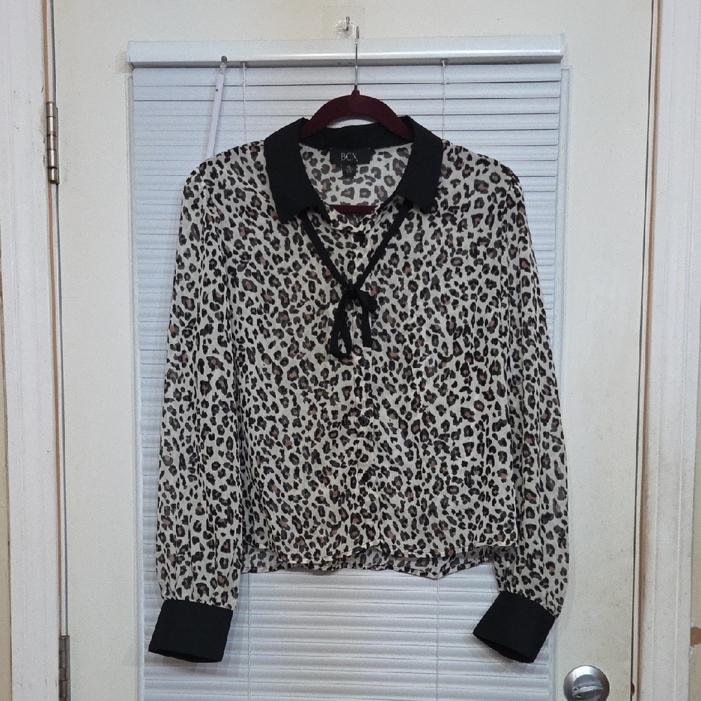 BCX Women's Sheer Animal Print Blouse with Black Details
